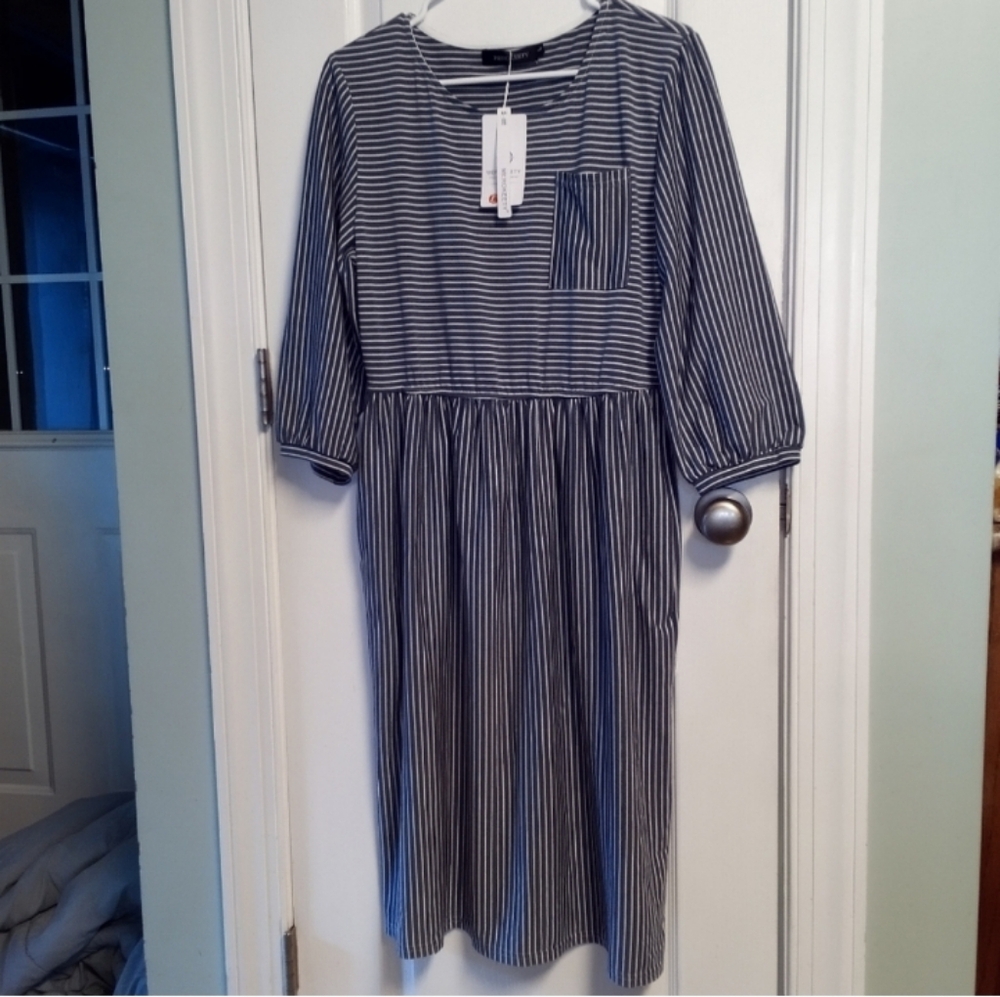 Merokeety NWT Striped Navy Blue & White Women's Midi Dress L Career Office